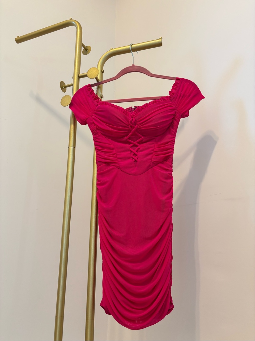 Hot Pink Ruched Off-Shoulder Dress